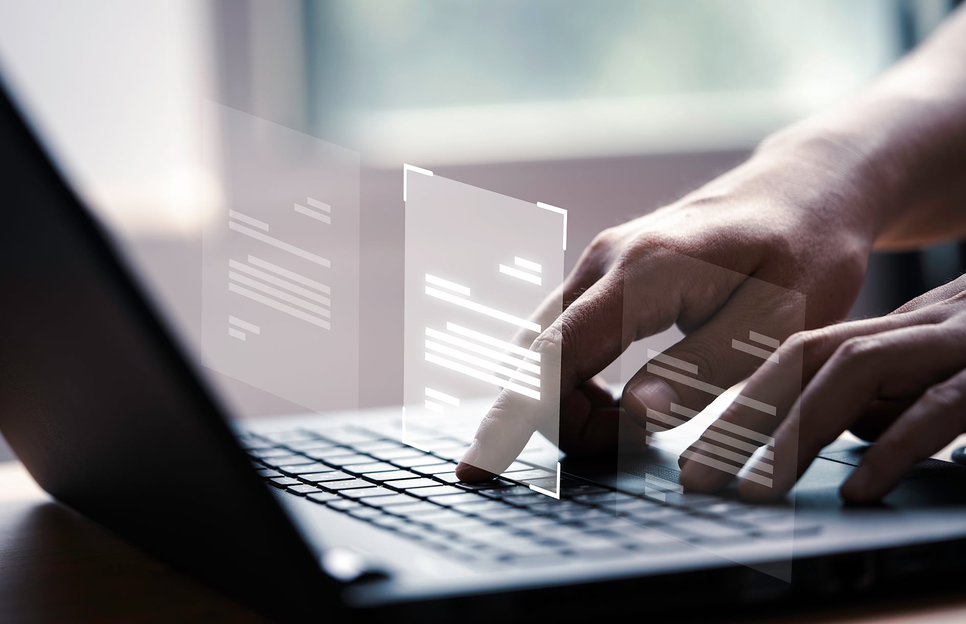 hand using laptop computer with virtual screen and document for